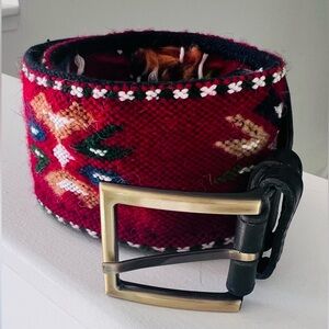 Red Hand Woven Wide Wool Belt with leather trim and Brass Buckle